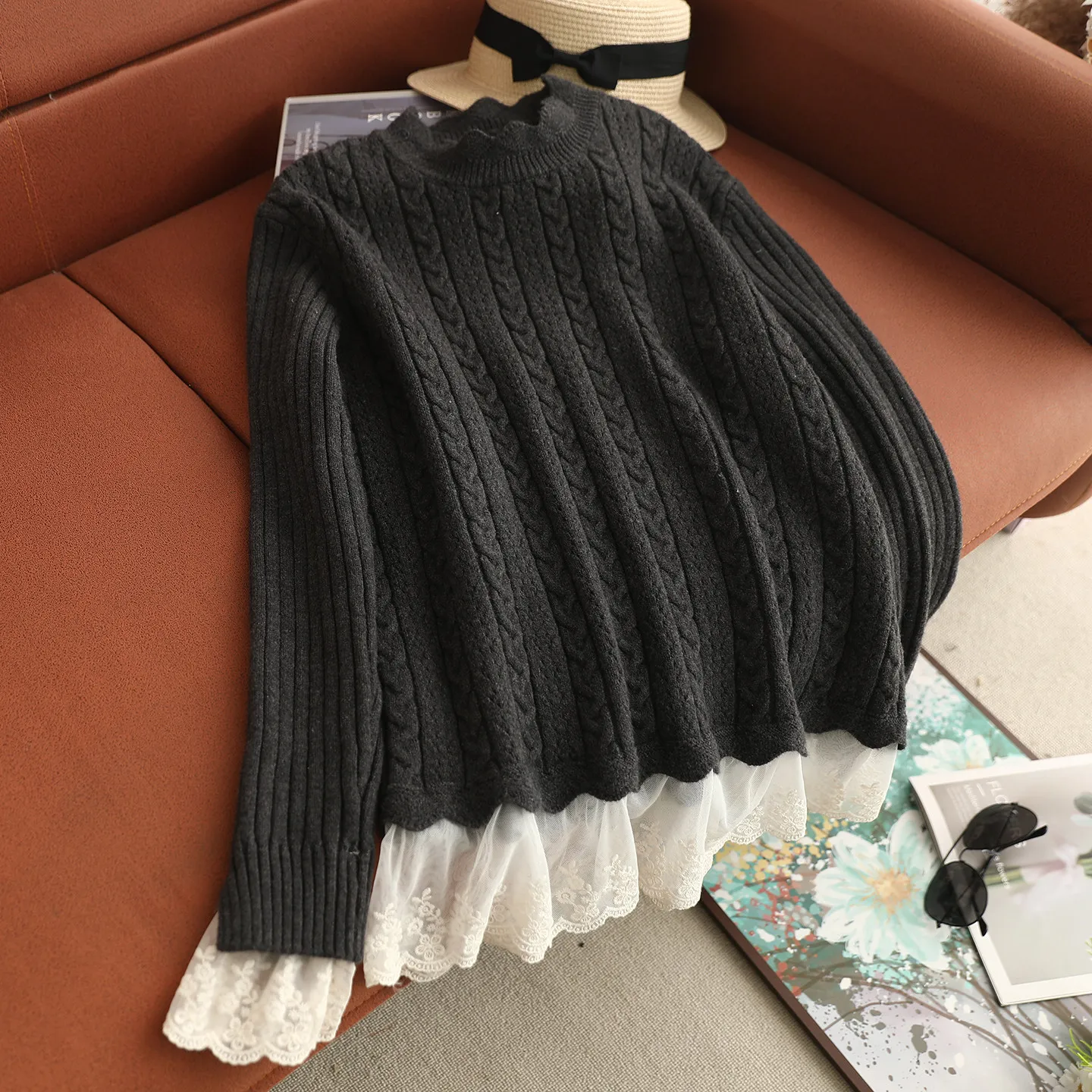 Japonais doux Mori fille couleur unie dentelle Patchwork pull pulls femmes automne col montant à manches longues décontracté tricoté hauts