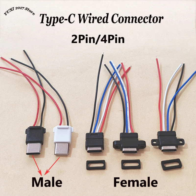 1/2/5PCSType-CMale2PinWiredConnectorPowerBankDedicated4PinWaterproofFemaleSocketWithSolderWireForElectronics