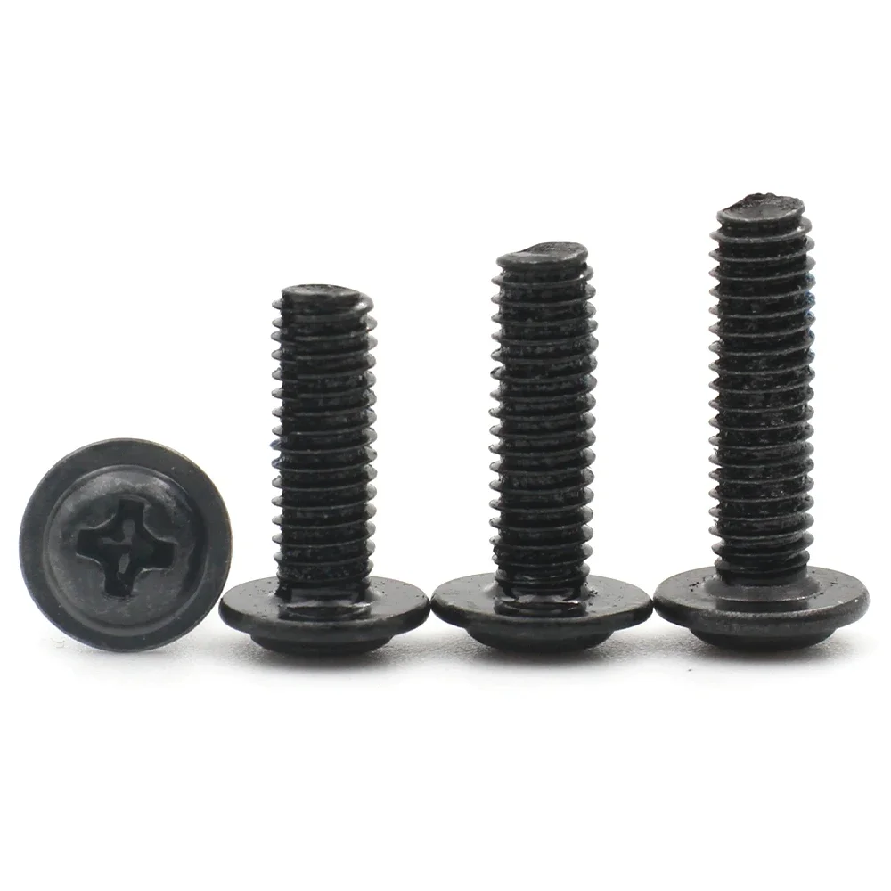 10/20/50/100pcs M1.4 M2 M2.5 M3 M3.5 M4 M5 Black Carbon Steel Phillips Cross Recessed Pan Round Head with Washer Screw Bolt PWM