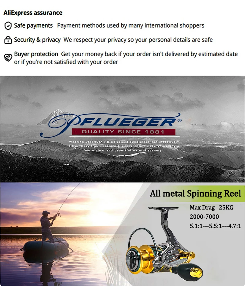 Pflueger Vollmetall-Spinnrolle mit Maximaler Bremskraft von 25kg, Aluminium-Salzwasser-Spinnrolle – Detail 1