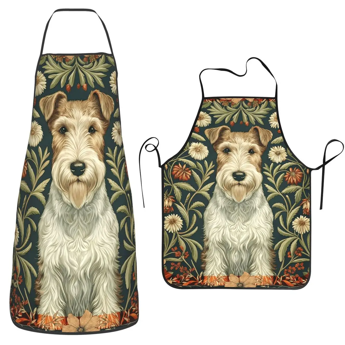 Wire Fox Terrier Dog In A William Morris Style Floral Garden Apron Chef Cooking Tablier Bib Kitchen Cleaning Pinafore For Unisex