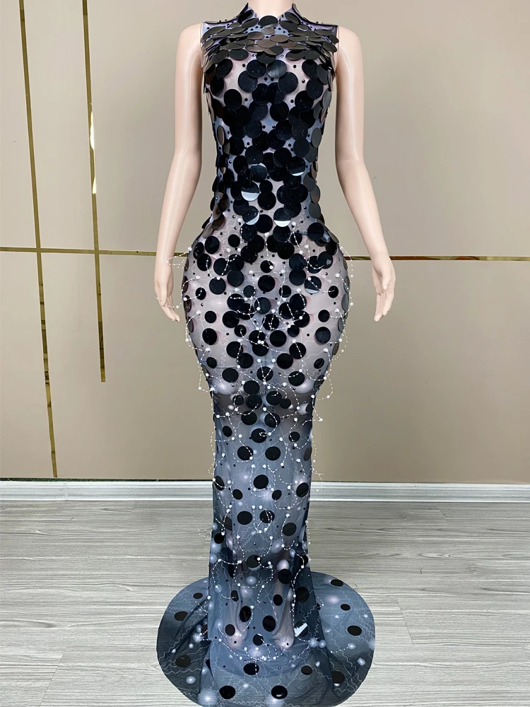 Fashion Black Round Sequins See Through Mesh Long Dress White Pearls Tassel Party Wear Singing Dancing Stage Performance Costume