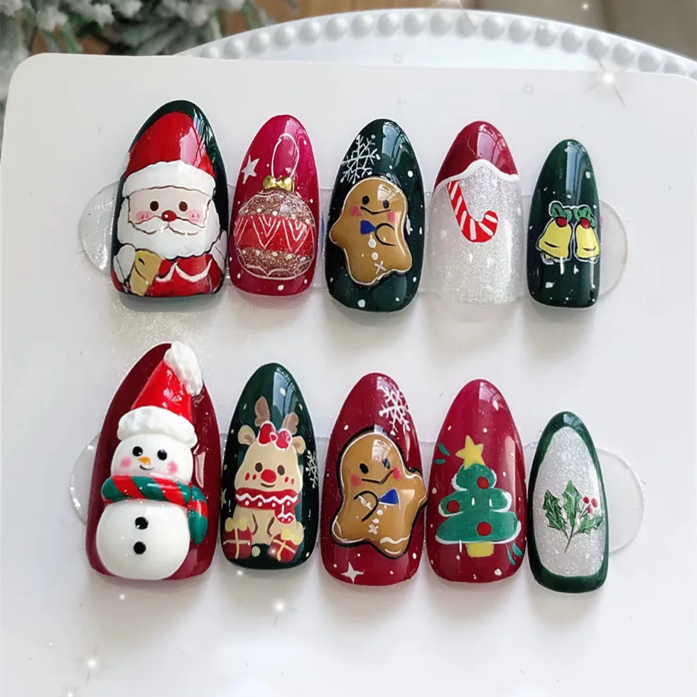 24PCS Winter Almond Press on Nails with Glitter Green Christmas Tree Simple Golden Snowflake Fake Nails Wearable False Nails Art