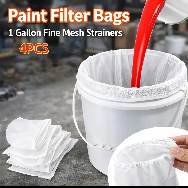 4pcs Paint Filter Bags Fine Mesh Nylon Filter Bags With Elastic Drawstring 3.8-Liter Disposable Bucket Filter For Paint Ink Glue