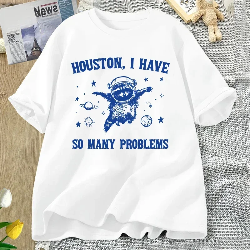 Houston I Have So Many Problems T-shirts Funny Raccoon in Space Moon Graphic T Shirts Vintage Cotton Short Sleeve Womens Tops