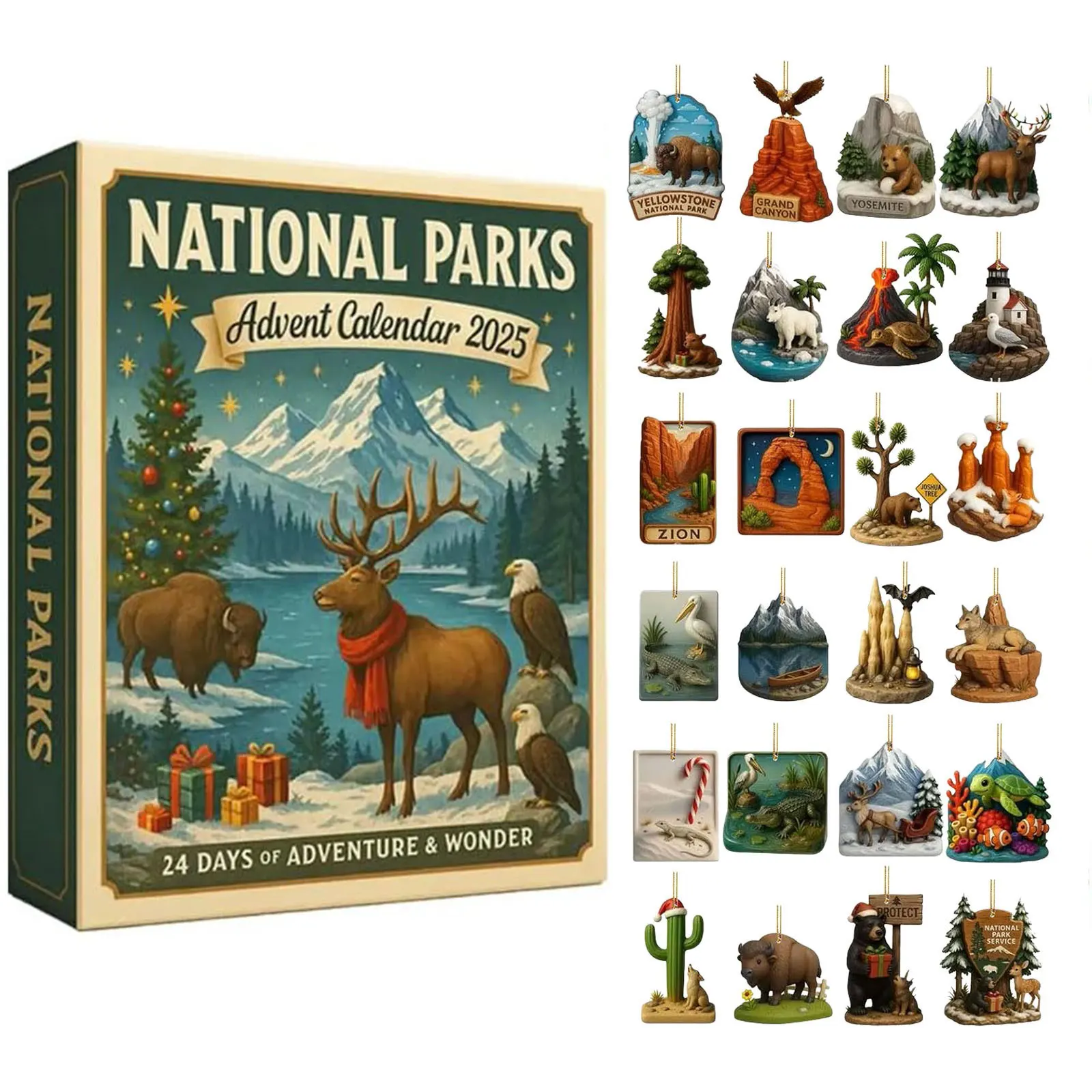 Minuterie de 15 minutes pour parcs nationaux, calendrier de l'avent 2025 avec 24 ornements, horloge de compte à rebours de noël américaine, projecteur extérieur