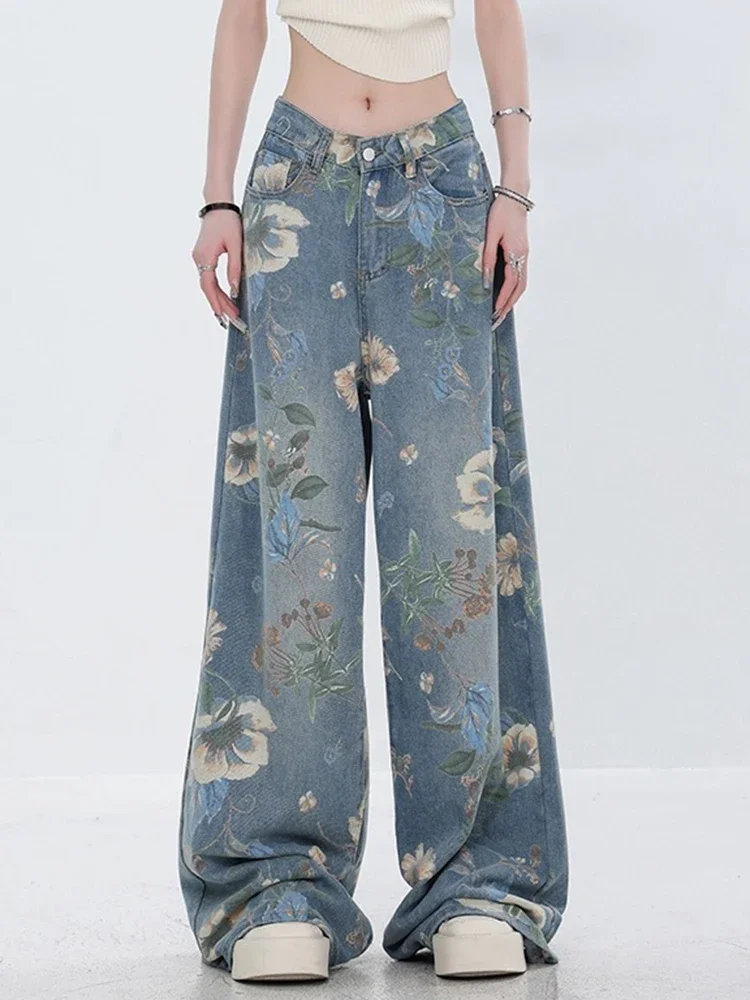 American Vintage Printing Contrast Color Street Female Wide Leg Pants Summer Basic Full Length Loose Casual Simple Women Jeans