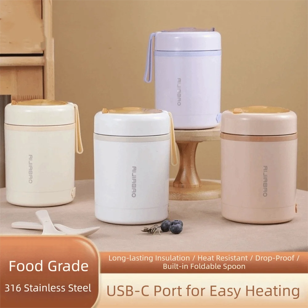 

600ML Electric Heating Lunch Box USB Electric Stainless Steel Food Warmer with Drink Function Portable Picnics Food Heater