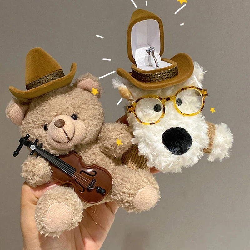 Cute Violin Brown Bear West Highland Dog Plush Doll Ring Display Box Jewelry Organizer Gifts