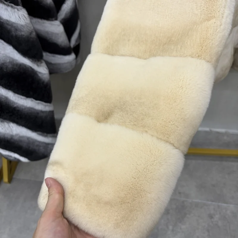 Women Real Rex Rabbit Fur Coat Stand Collar Short Jacket Chinchilla‑Look Pattern Horizontal Stripe Winter Warm Female Coat