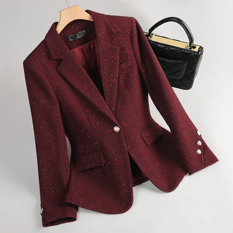 Autumn Winter Women Blazer Long Sleeve Single Button Formal Jacket Business Coat Ladies Office Woolen Suit Coat Female Outerwear