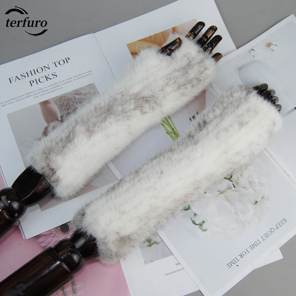 Winter Fur Paws Gloves Women Knit High Genuine Long Gloves Woman Knitted Real Mink Fur  Sleeves Leg Warmers Fingerless Gloves