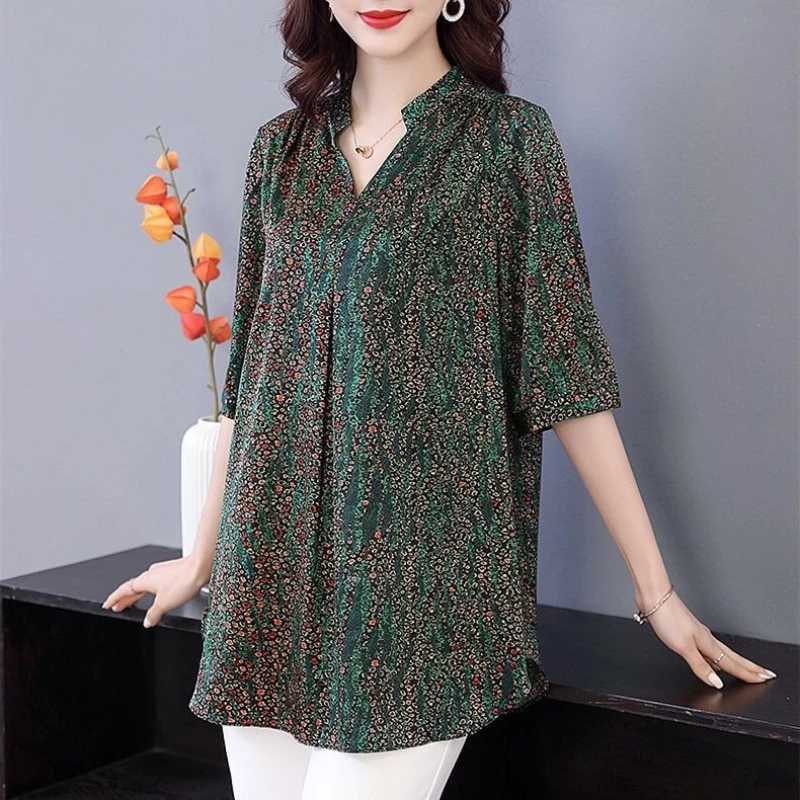 Fashion Women Spring Summer Chiffon Blouses Women Csual Half Sleeve Oversize 6XL Print Loose Mother Shirt Elegant Pullover Tops