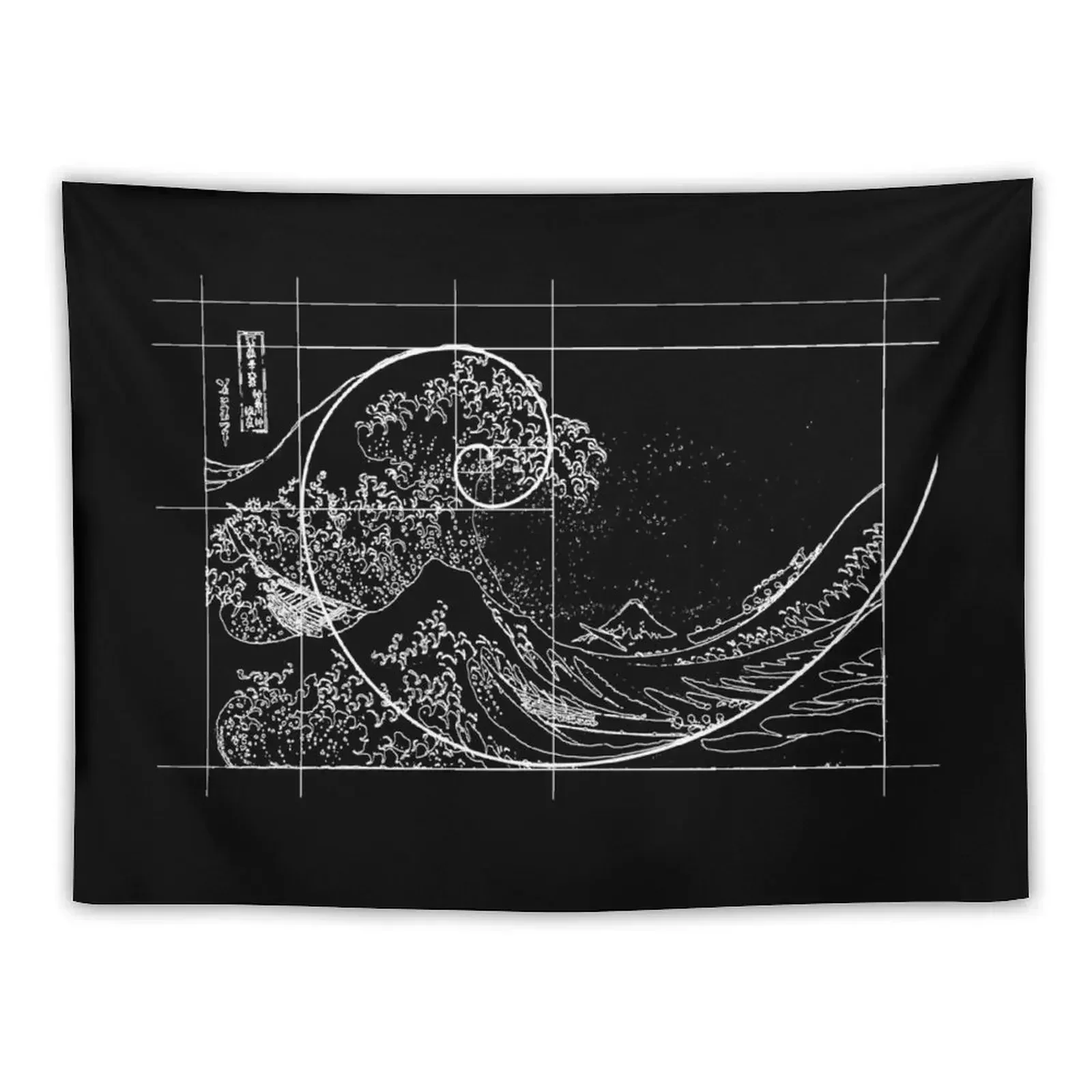 Hokusai Meets Fibonacci, Golden Ratio, White Line Tapestry Carpet Wall Decor Home Decor For Room Room Decor Tapestry