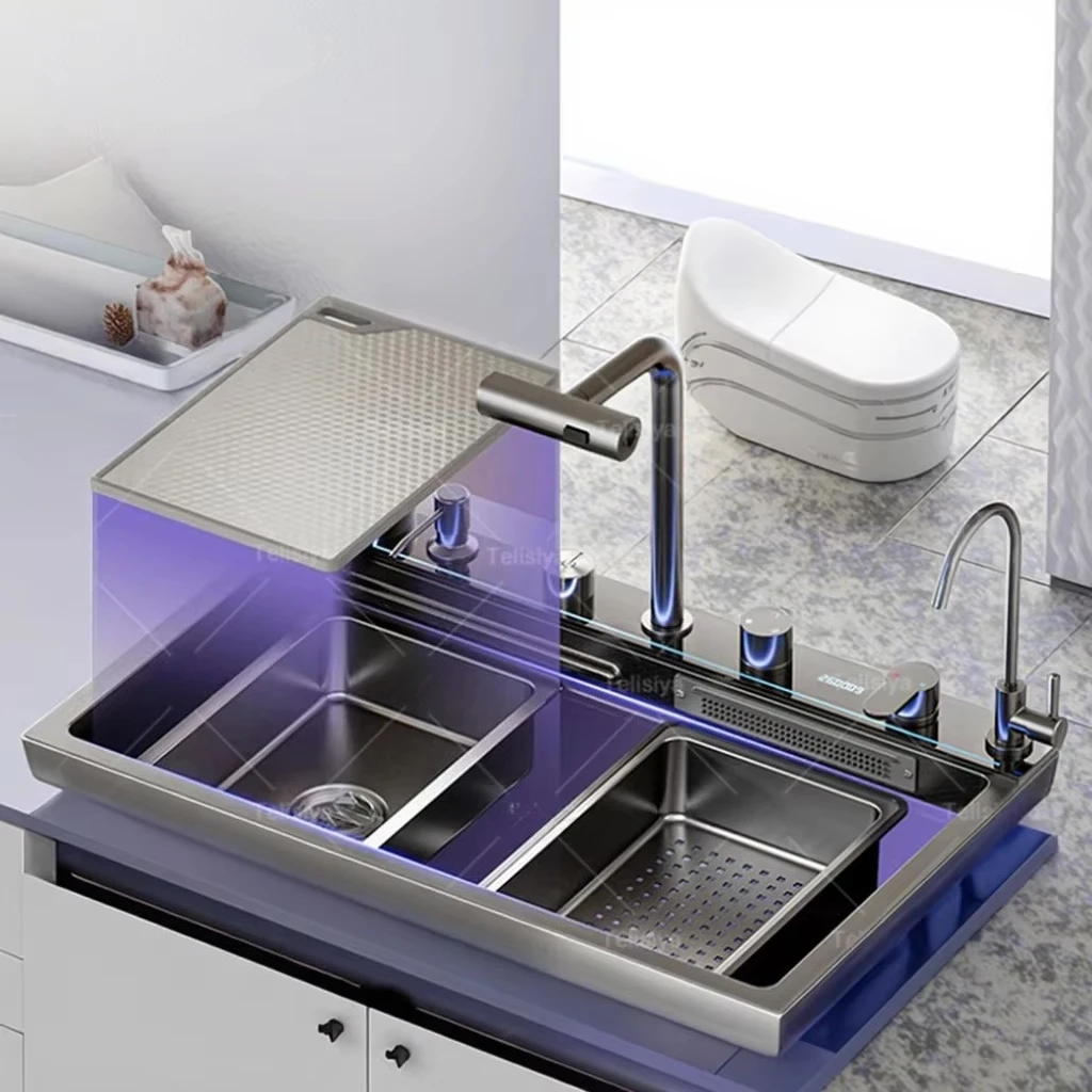 MultiFunctional Three Hole Waterfall Stainless Steel Handmade Square Kitchen Sink Porous Large Single Slot Faucet Intelligent