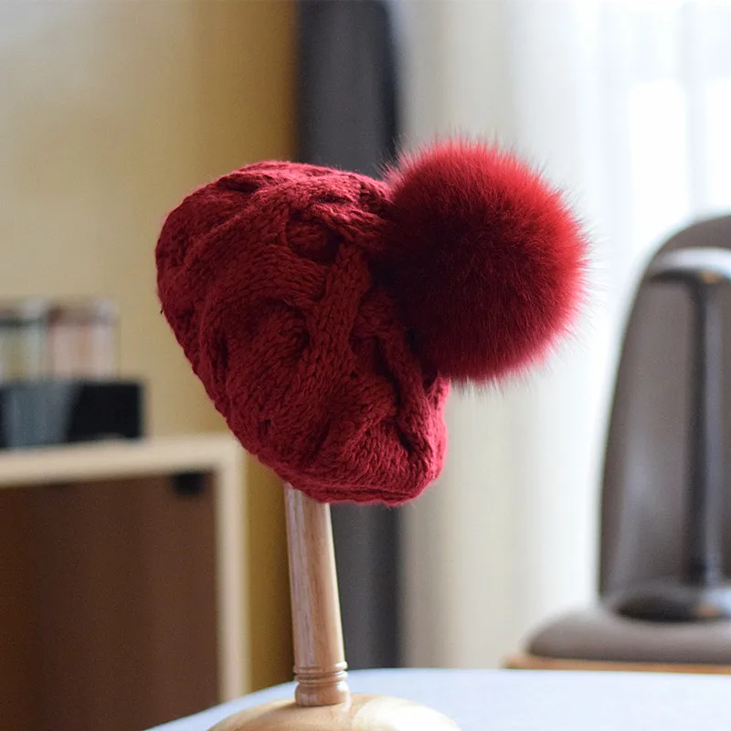 Autumn and Winter Fox Wool Ball Wool Cap Children's Korean Fried Dough Twists Pattern Beret Warm Knitting Hat