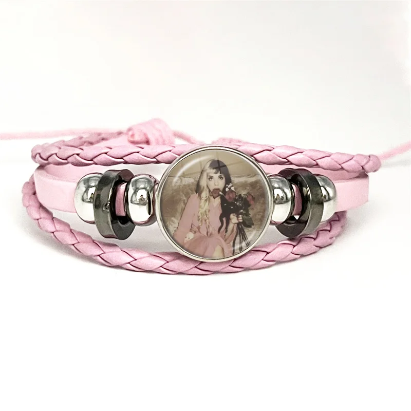 Collettro da polso in pelle rosa con bottone a Cabochon in vetro con bracciale in pelle rosa Y2K