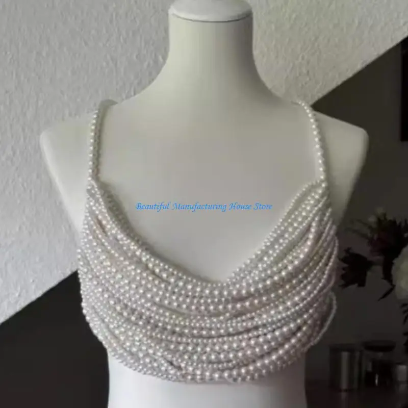 

E56A Multi Layer Pearls Bra Body Jewelry Halter Bustier Tube Top for Women