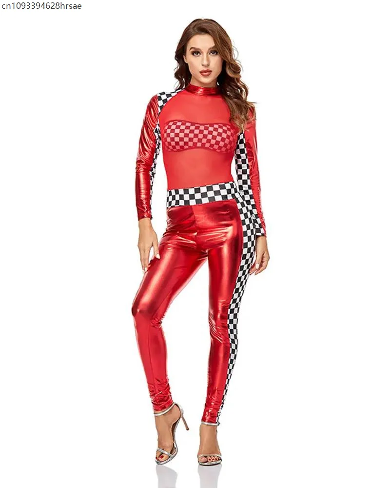 

Women Sexy PU Leather Plaid Race Car Driver Costume Erotic Perspective Bust Racing Girl Jumpsuit Halloween cosplay Uniform Sets