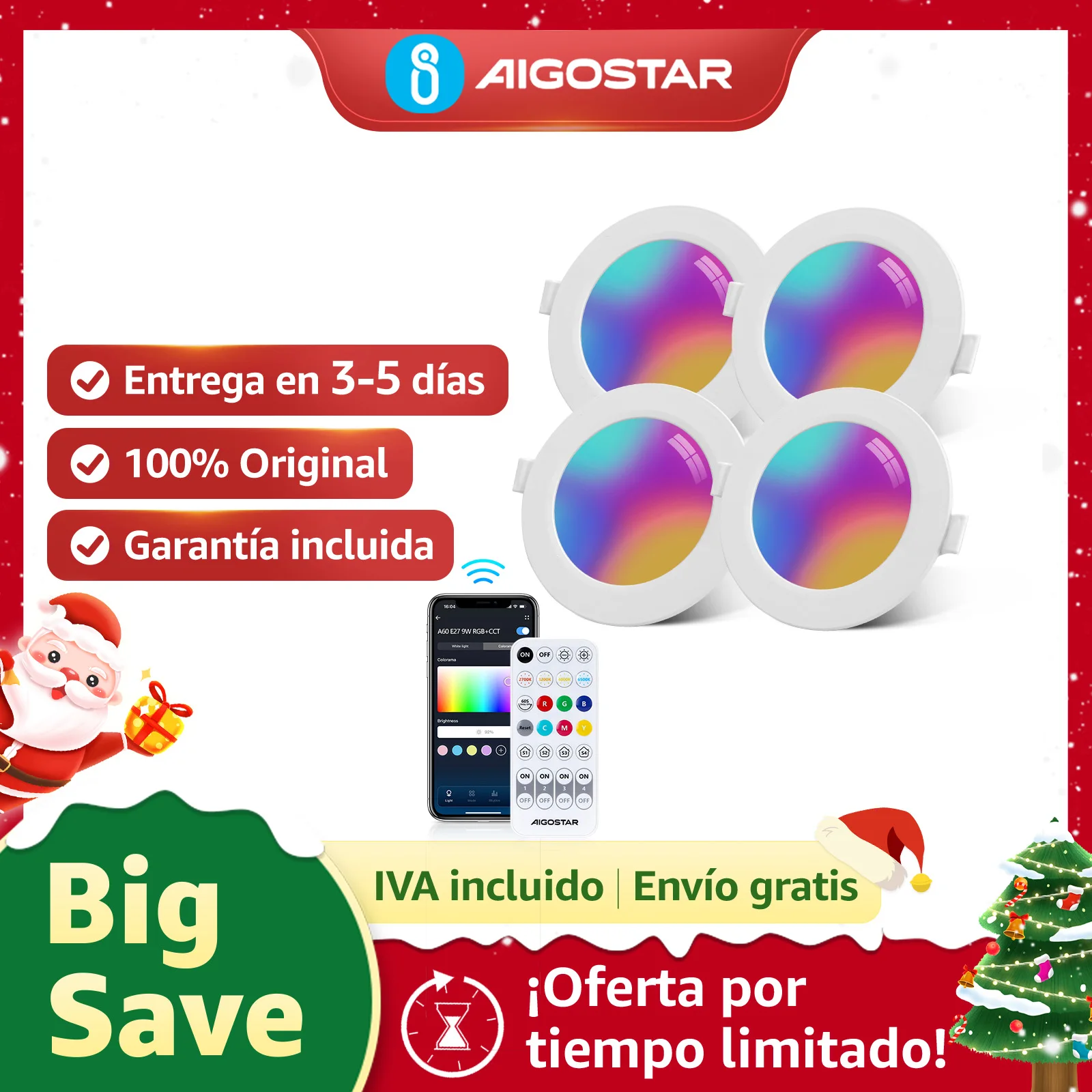 Aigostar 4-Pack Bluetooth Mesh Recessed Lights, 6W RGB+CCT Dimmable (2700K-6500K), for Alexa/Google. Includes Remote. F100-110mm