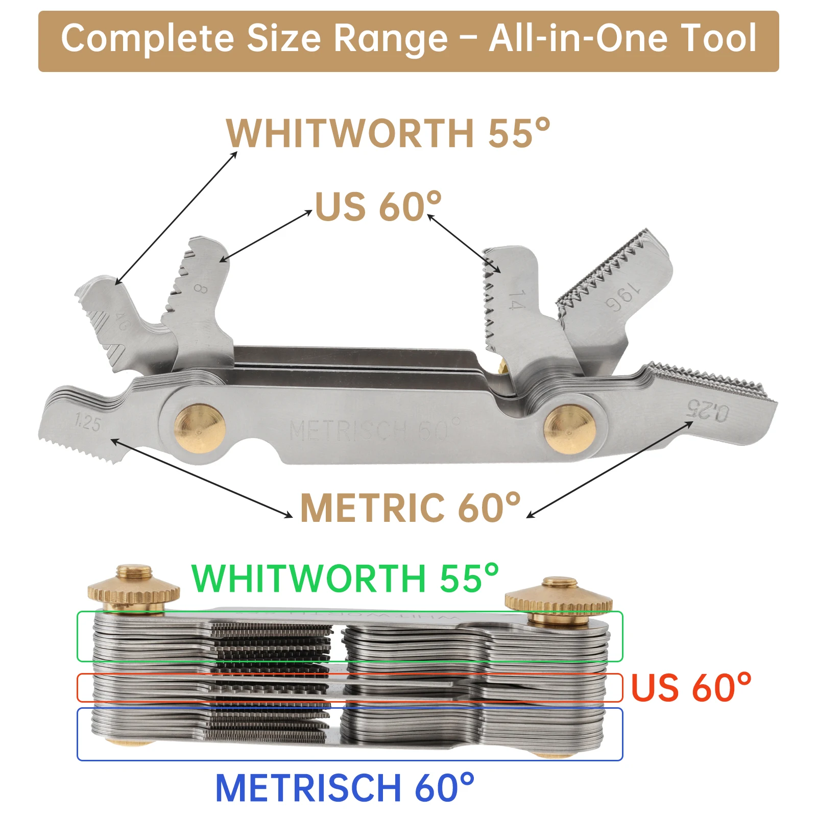 58 Pcs Blade Thread Pitch Gauge for 55 60 Degree Metric Whitworth US Threads Measuring Gage Screw Pitch Gauge with Brass Nut