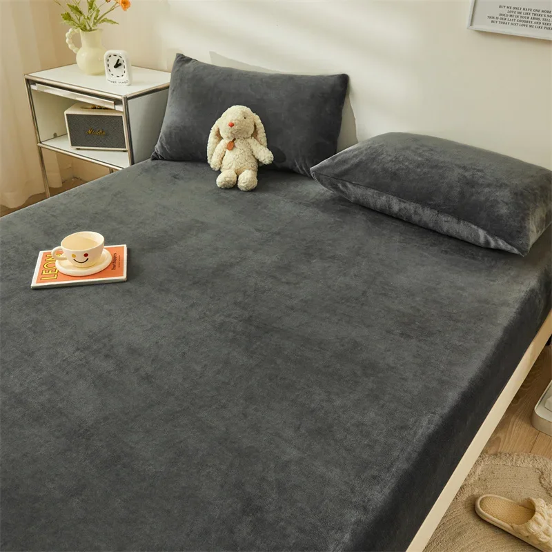 Dark Grey Fitted Sheet Soft Warm Plush Elastic Solid Color Mattress Cover Fluffy Milk Fleece Bed Linen Queen Double Bedding Set