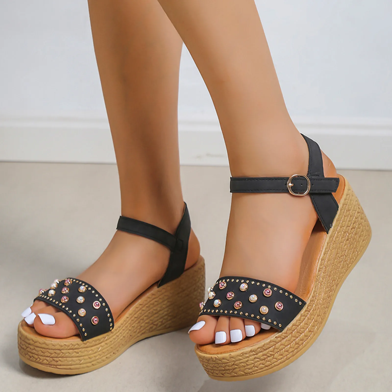 Ladies Wedge Beads Sandals Wedge Heel Platform Fashion Casual Button Strap Sandals T Strap Sandals For Women Comfort