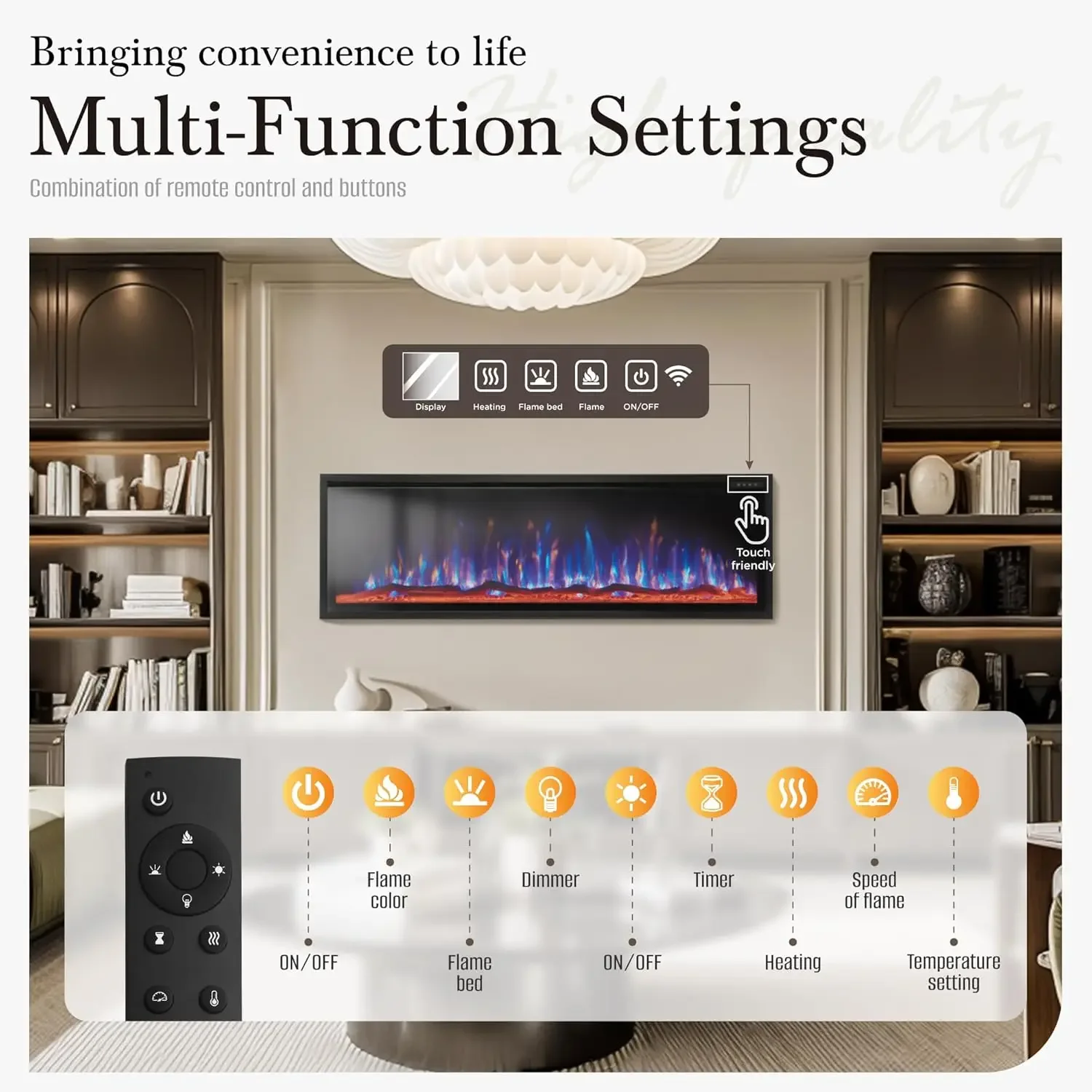 Fireplace 60 inch Wall Mounted with Remote Control, Recessed Fire Place Heater Ultra Thin Slim for Indoor Use, Modern B