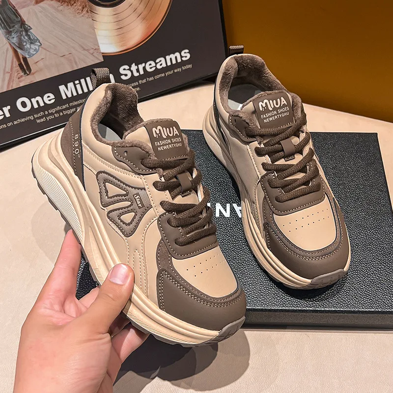 

2025 Women's Shoes Thick-Soled Height-Increasing Casual Dad Shoes Leather Waterproof Sneakers Student Warm Cotton Shoes