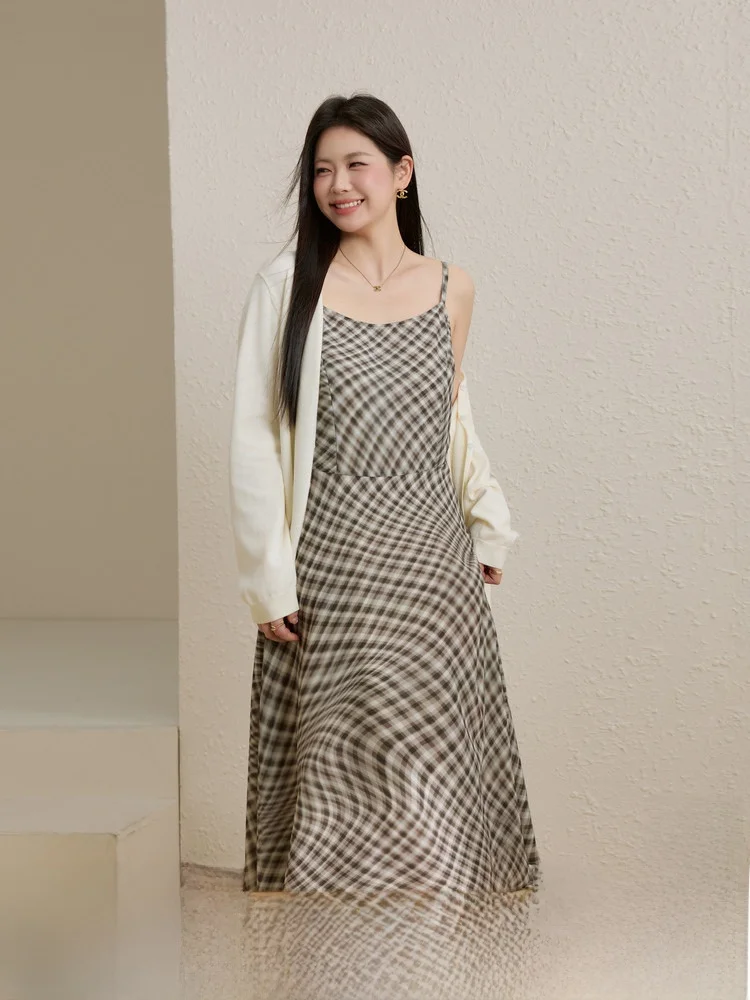 

Retro Plaid Strap Dr plus Size Women's Casual A-Line Midi Dr Spring New Sle Polyester Fiber No Sve One-Piece Dr