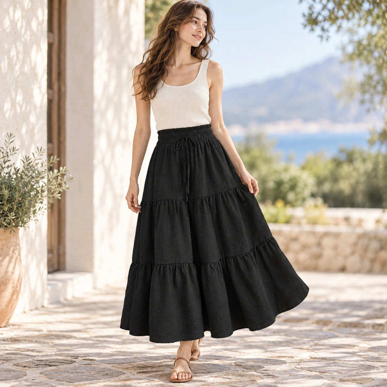 Long Length Tiered Skirt Maxi Length Casual with Pleated Detail Wrinkle Finish Summer Japanese Korean Casual Women Skirt