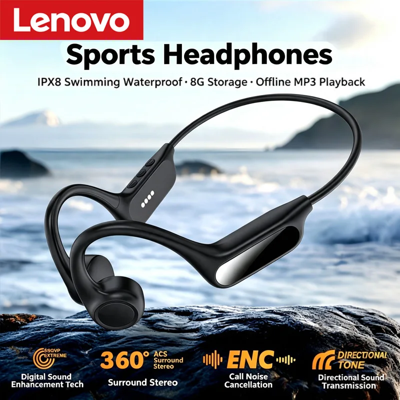 Słuchawki sportowe Lenovo z przewodnictwem kostnym, wodoodporne IPX8, do pływania, jazdy na rowerze, biegania, z pamięcią 8 GB, słuchawki Bluetooth