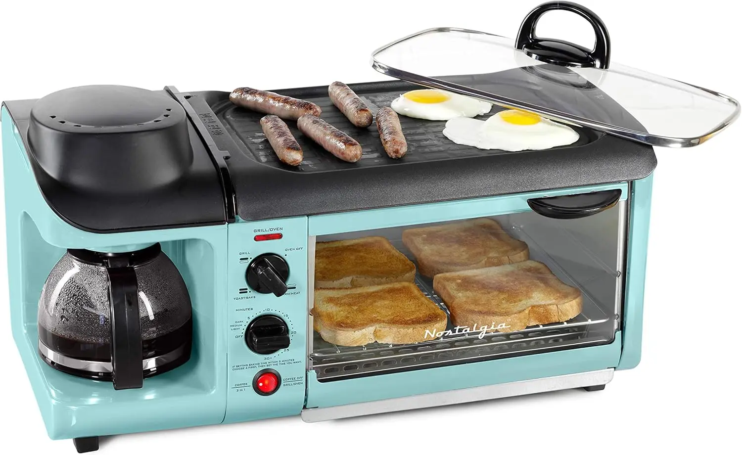 

3-in-1 Breakfast Station with Coffee Maker, Griddle, and Toaster Oven - Versatile Timer-Equipped Appliance in Aqua