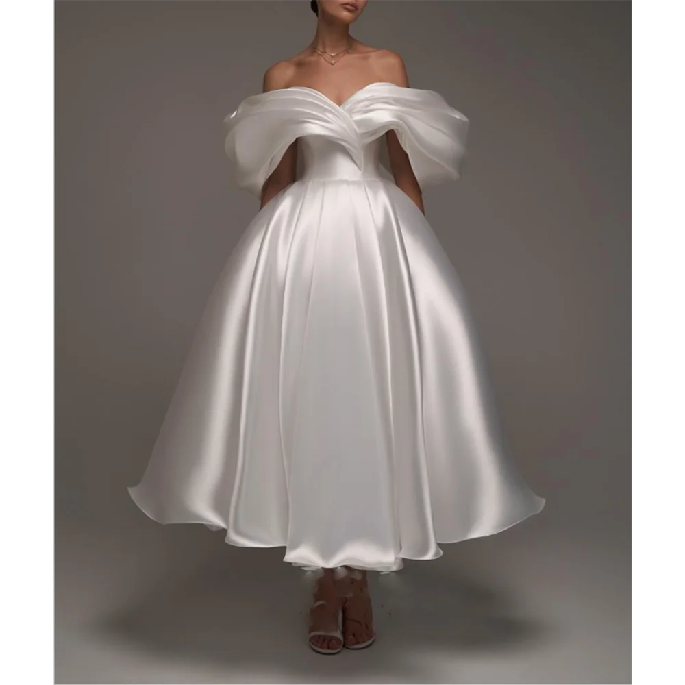 

White Satin Elegant Women Evening Dress Off The Shoulder Short Sleeves Ball Gown Princess Dress Backless Lace Up
