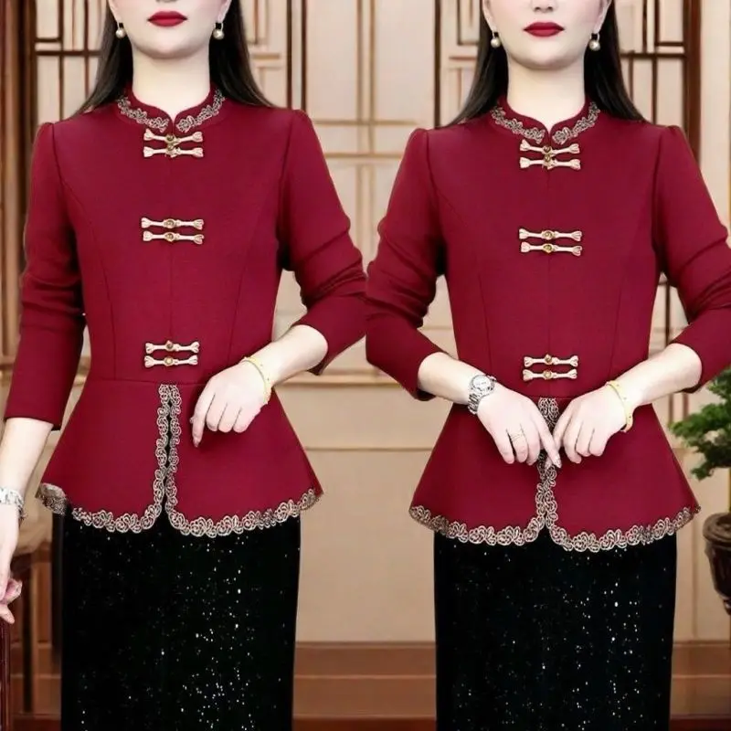 New Elegant Frog Button T-shirt for Women 2026 Spring, Fashion Middle-Aged Mothers Top, Retro Chinese Style Casual Blouse