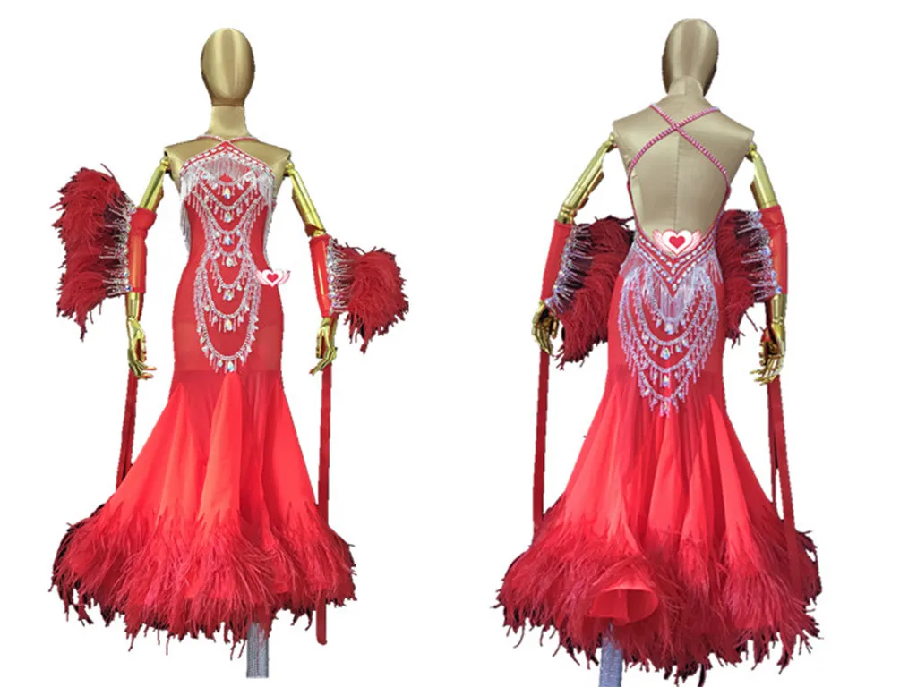 WHYNOT DANCE Customized Ballroom Waltz Dance Competition Feather Dress Tube Bead  for Girls or Women Fast Free Shipping