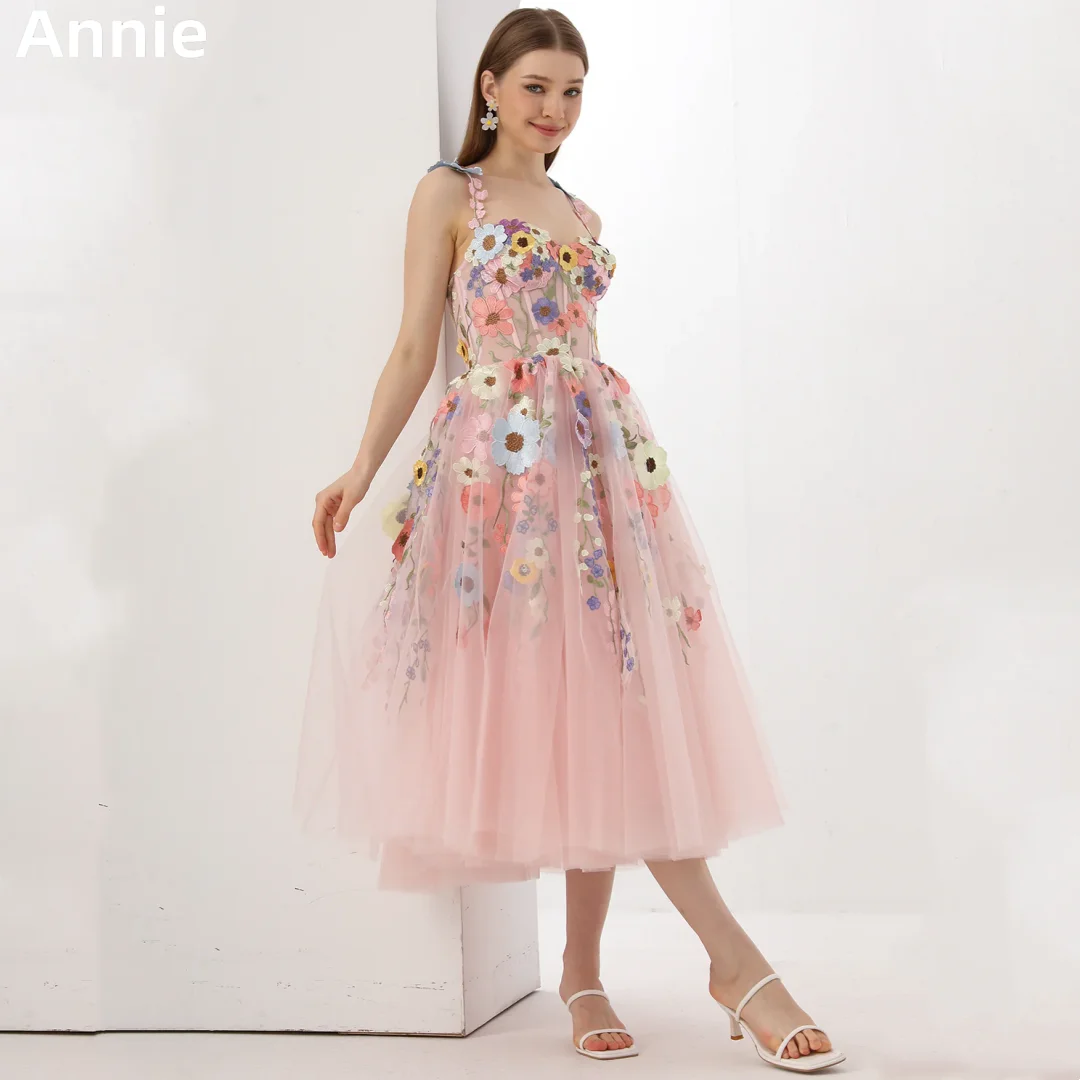 Annie Zoete Roze Trouwjurk Galajurken Tule Geborduurde Bloemen Cocktail Jurken Korset Prinses Vestidos Defiesta