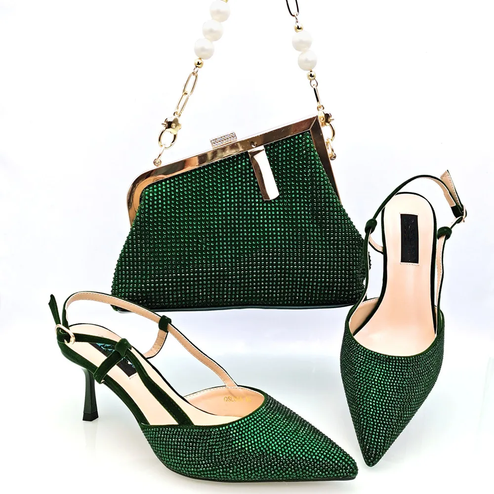 Nice Looking Green Women 7.5CM Pointed Toe Shoes Match Handbag With Crystal Decoration African Dressing Pumps And Bag Set QSL066