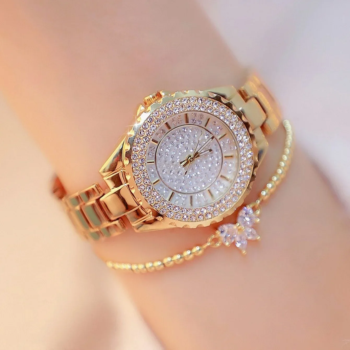 2pcs/set Watch Jewelry Set Women's Quartz Rhinestones Watch 1pc+ Stylish Bow Bracelet Pc Valentines Gift For Her
