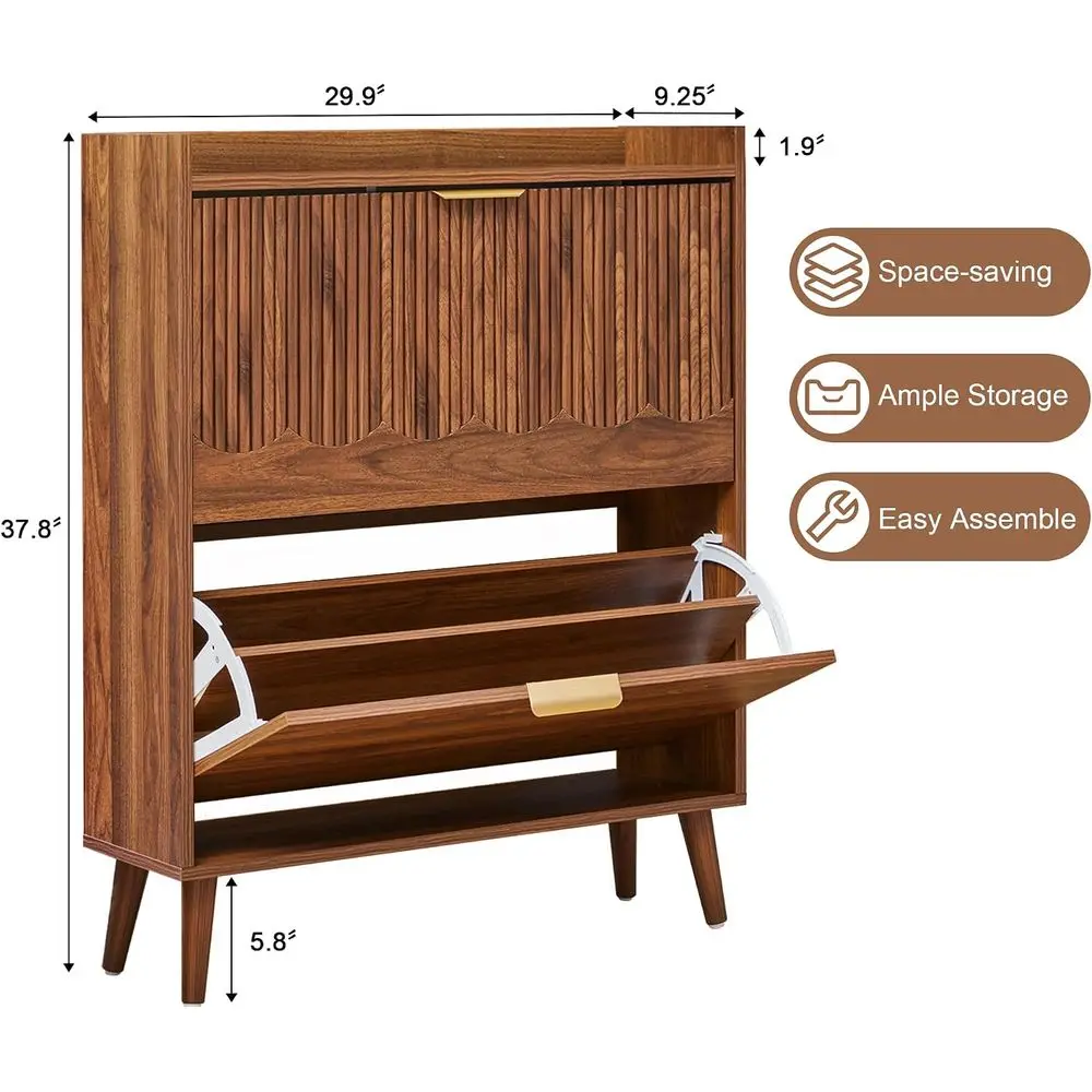30 Slim Shoe Storage Cabinet with 2 Doors and Walnut Wave Pattern view 2