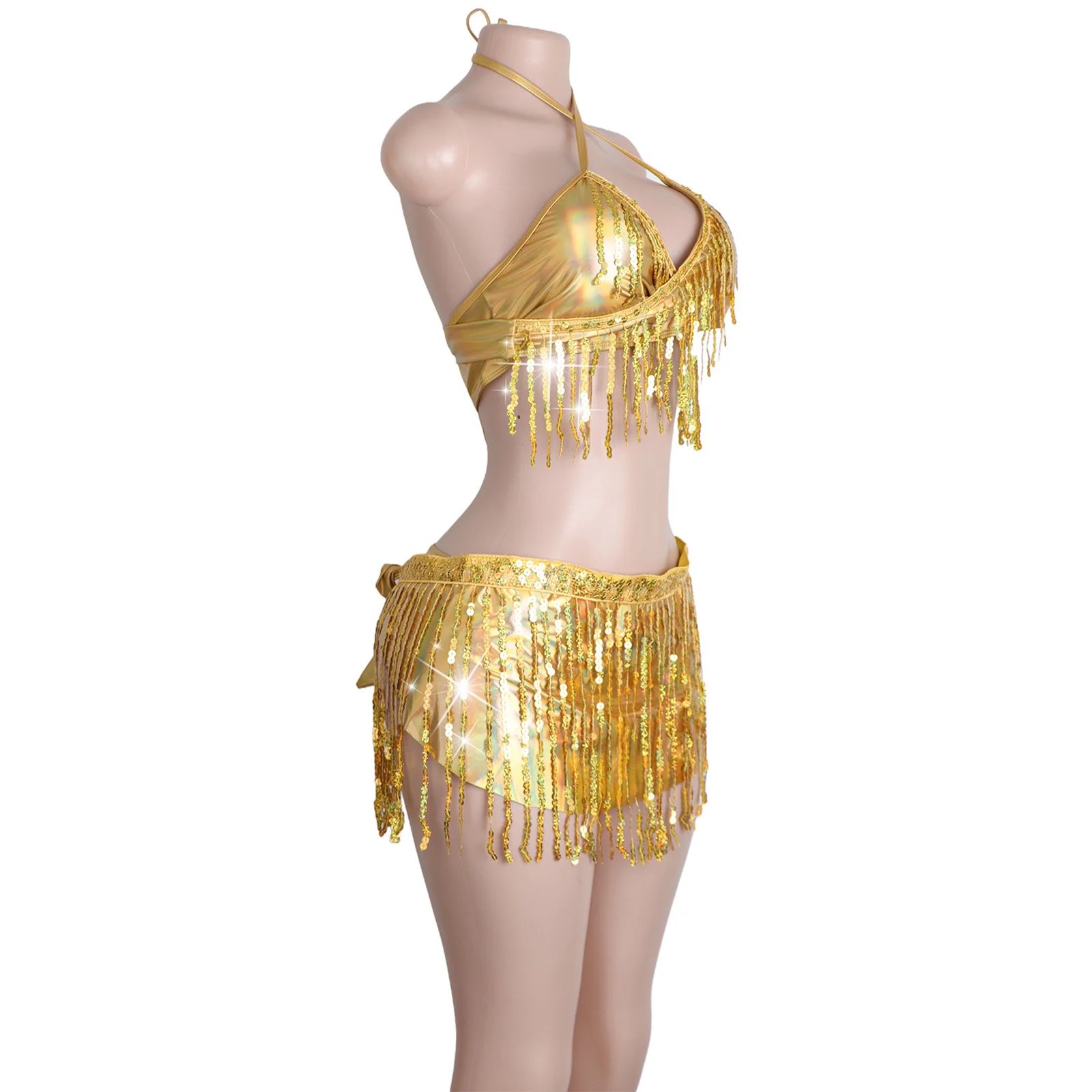 Sequined Golden Tassels Stripes Sexy Lingerie Set Performance Wear Erotic Clubwear Women Outfits Adjustable Straps Dancewear