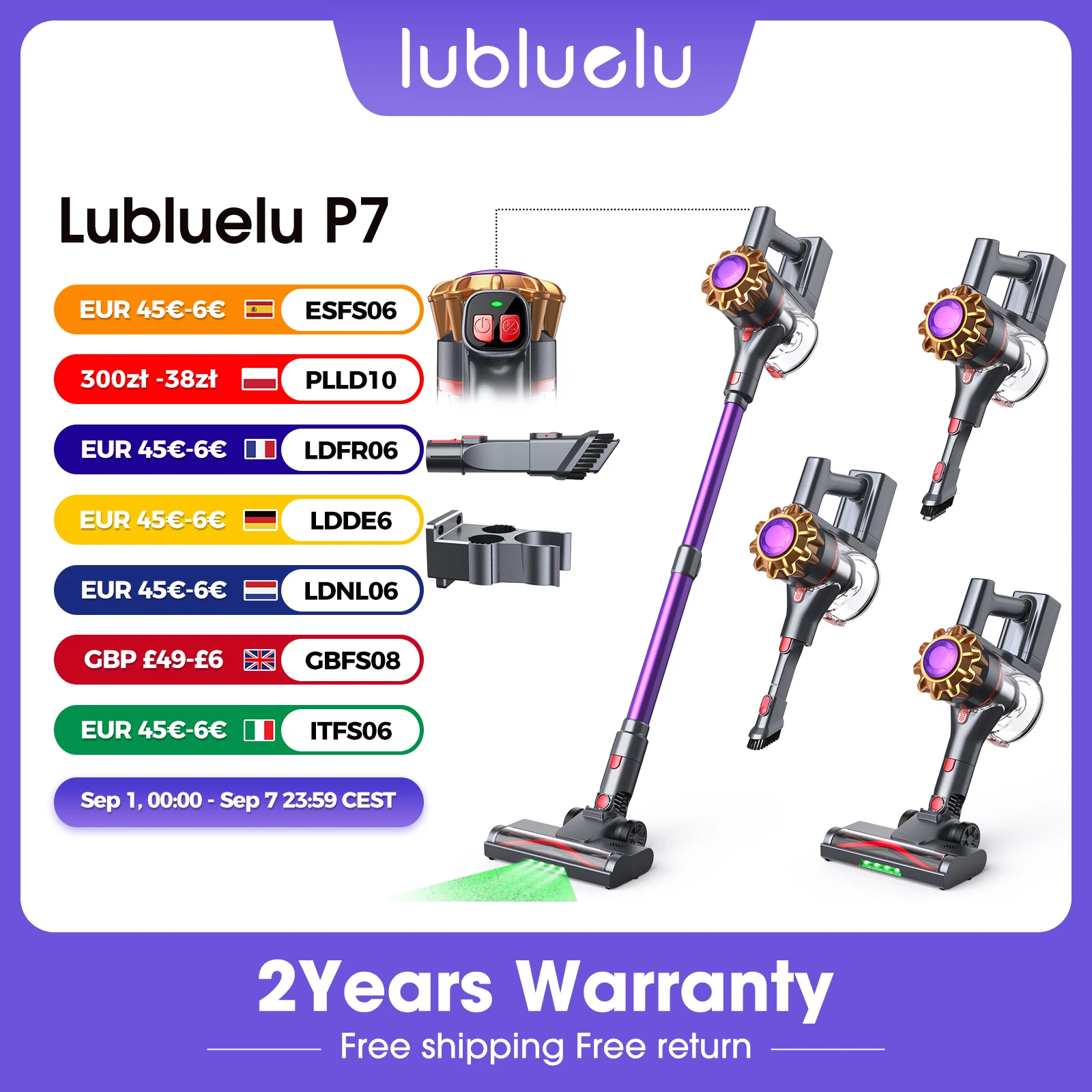 Lubluelu P7 35kPa Tragbarer Kabelloser Staubsauger 300W Leistungsstarke Saugkraft für Tierhaare und Teppiche Haushaltsreinigung