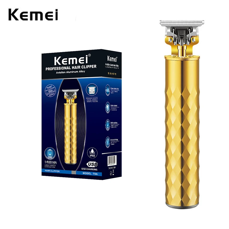 Kemei T9 Gold Hair Clipper Professional Electric Barber Zero Gapped Hair Trimmer 0mm Hair Cutting Machine Men USB Rechargeable