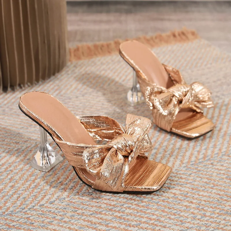 9cm New Fashion Slippers Open Toe Bow High Heels Slides Champagne Women Casual Shoes 45 46