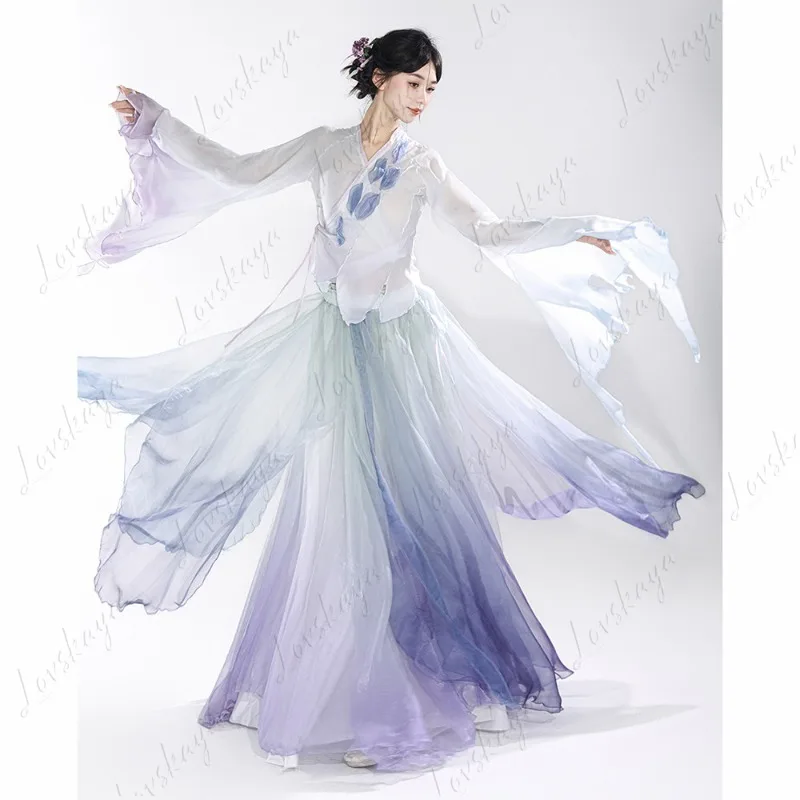

Классический танцевальный струящийся танцевальный костюм, градиентная шелковая марля, широкая юбка, костюм для китайского танца, тренировочный костюм