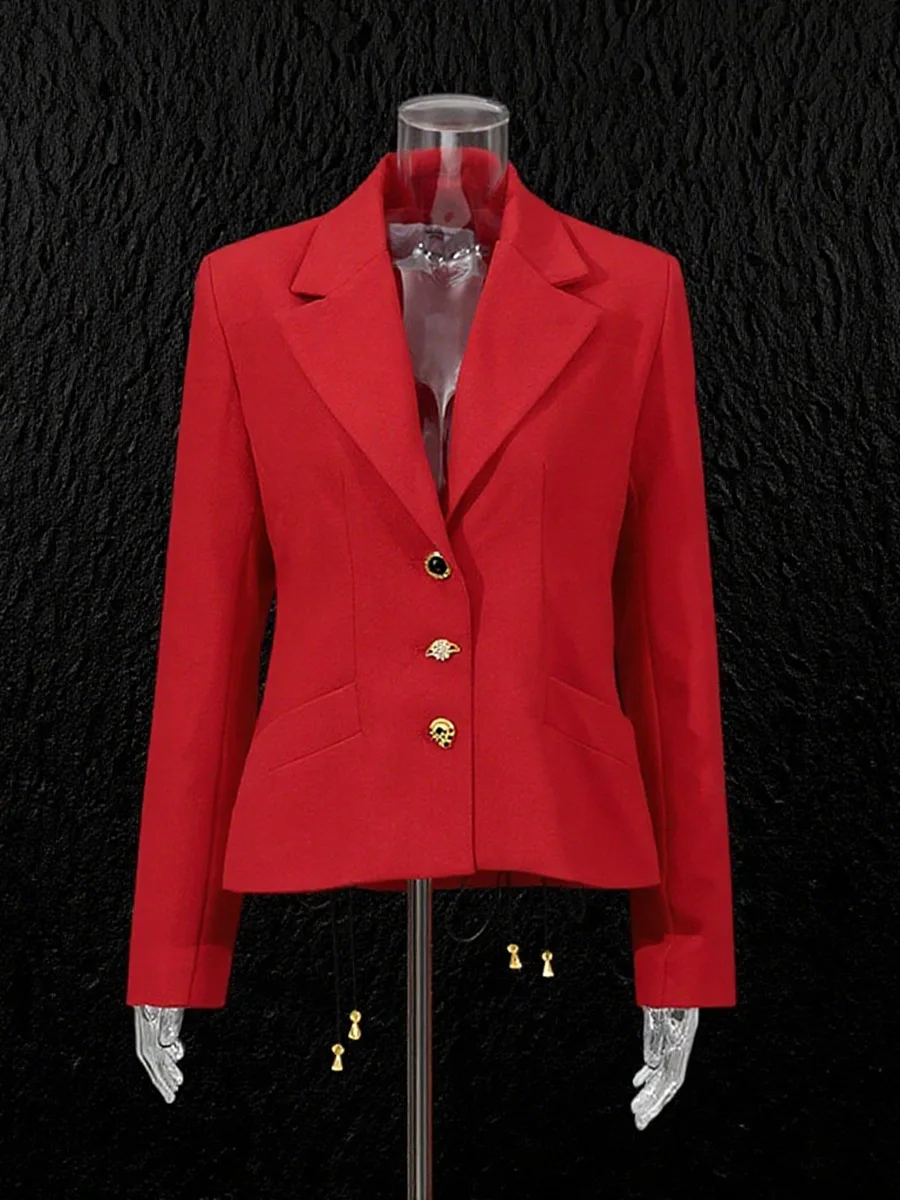 Women Cropped Blazer Jacket, Back Lace-up Corset Waist Suit Coat, Gold Decor Buttons Slim Fitted Formal Outerwear