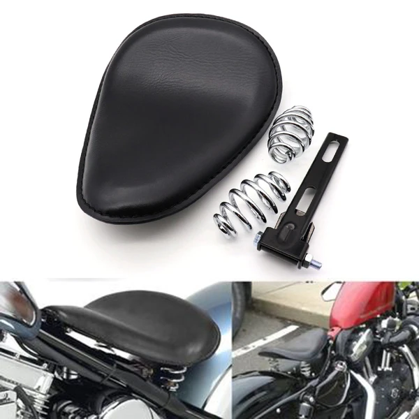 Black Motorcycle Seat Vintage Leather Solo Seat Cover 3inch Spring Swivel Bracket Seat for Bobber Chopper Honda