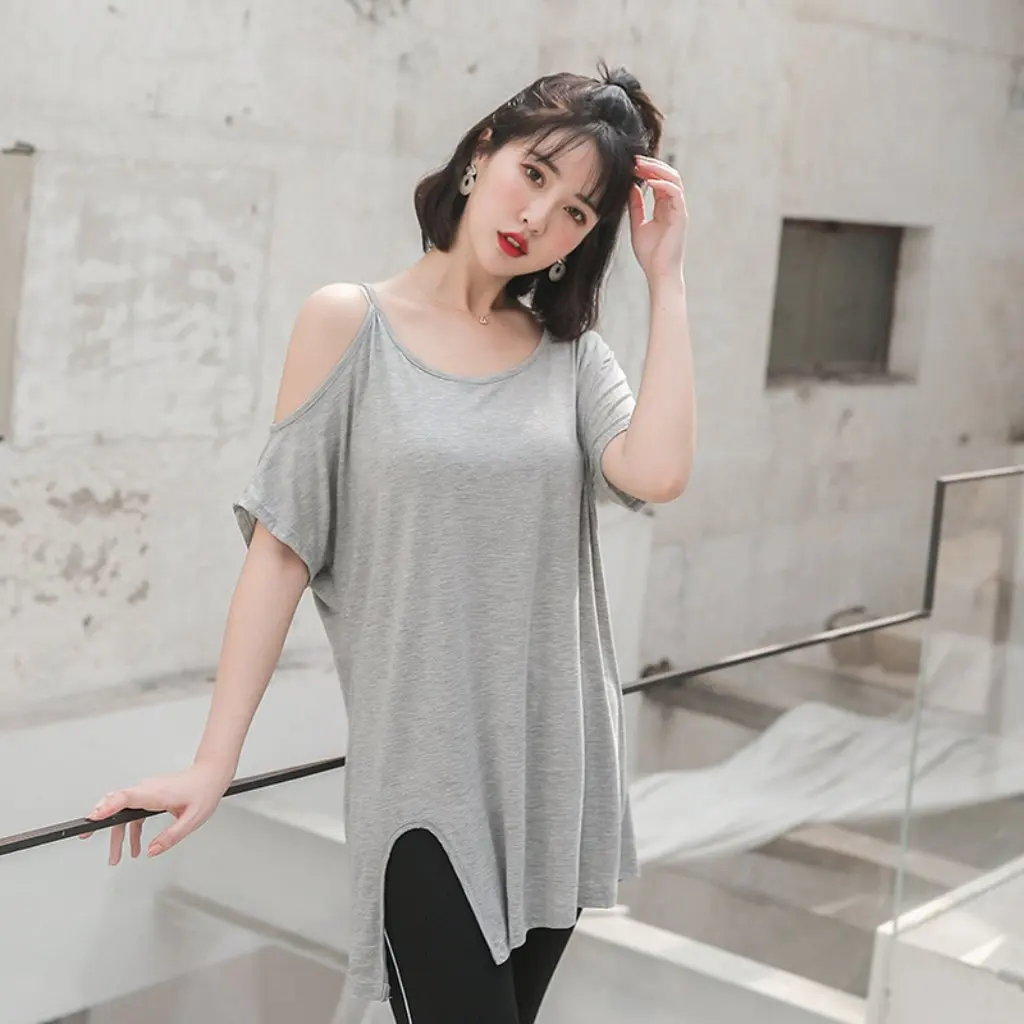 

Женская летняя футболка из модала в корейском стиле, свободный топ средней длины с разрезом на бретельках и короткими рукавами, устойчивый к плечам
