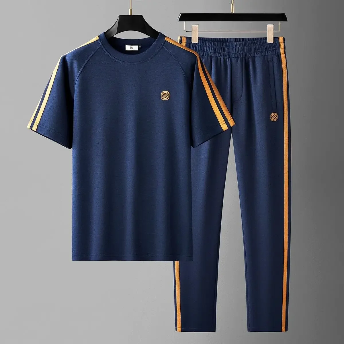 Summer Silk Slippery Short Sleeve Casual Sports Set for Men's High end Embroidered Ribbon Straight Guard Pants