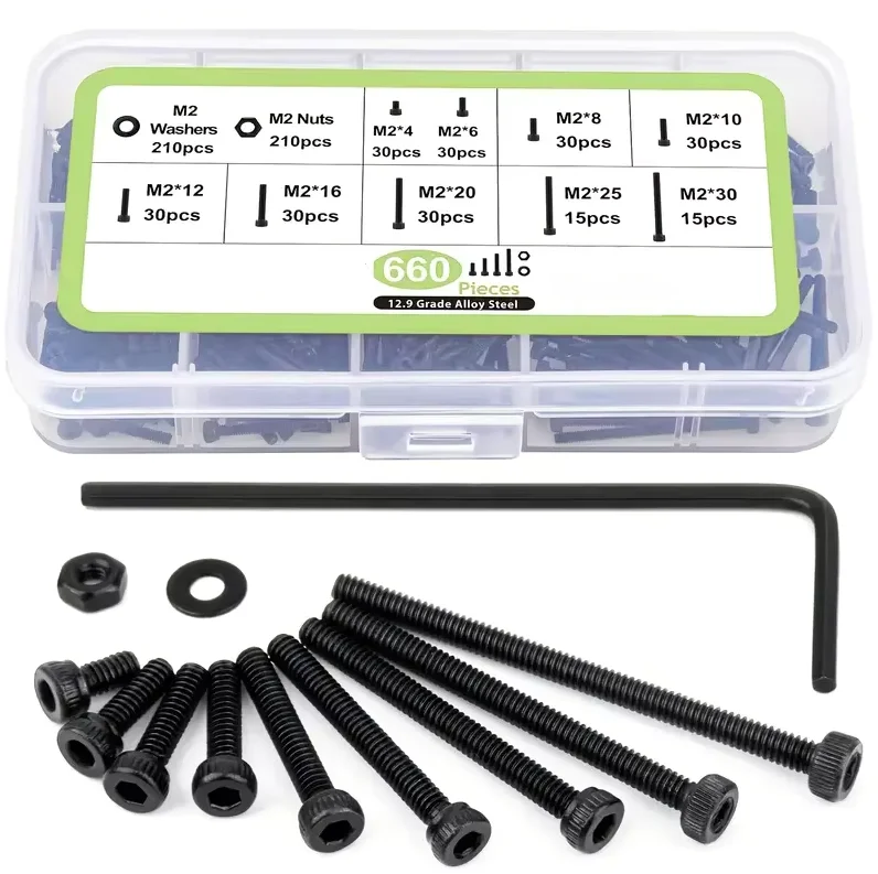 660pcs M2 Hex Socket Screw and Nut Set, 12.9 Grade Alloy Steel, Full Thread Machine Screws with Hexagonal Head, Black Oxide Fini